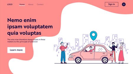 Car sharing service. People searching transport with map location pin, renting vehicle. Vector illustration for transfer, transportation, urban, technology conceptのイラスト素材