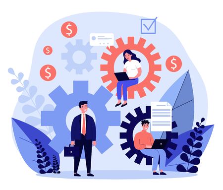 Teamwork strategy for office flat vector illustration. Tiny people with computers seating at big cogwheel. Organization, business mechanism and company mission concept.のイラスト素材