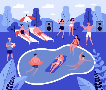 Modern swimming pool party flat vector illustrationのイラスト素材