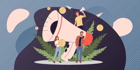 Business speaker shouting on megaphone vector illustration. Promoter attracting target buyers and clients. Promotion, marketing, and communication concept.のイラスト素材