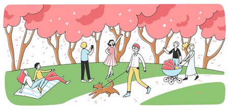 Happy people walking outdoor in city park flat vector illustration. Men and women looking at adorable cherry blossom. Hanami season and nature conceptのイラスト素材