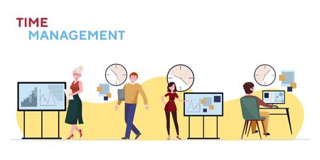 Time management set. Managers presenting reports, analyzing graphs near clock flat vector illustration. Office schedule, deadline concept for banner, website design or landing web pageのイラスト素材