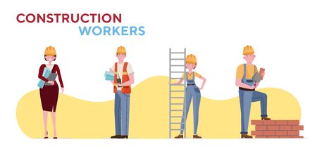 Construction workers set. Builders, engineer, architect flat vector illustration. Site, building works, occupation concept for banner, website design or landing web pageのイラスト素材