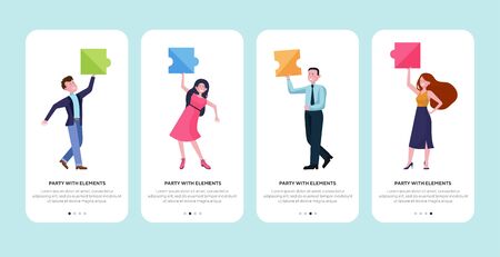 Happy business group enjoying office party. Team connecting puzzle pieces flat vector illustration. Teamwork, celebration, unity concept for banner, website design or landing web pageのイラスト素材