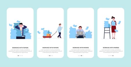 Stressed employees working with piles of papers set. Document stacks, reports, archive flat vector illustration. Paperwork, overwork, accounting concept for banner, website design or landing web pageのイラスト素材
