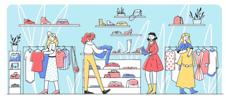Happy female customers choosing clothes at fashion store flat vector illustration. Girls taking apparel from hanger and buying garment. Retail and style conceptのイラスト素材