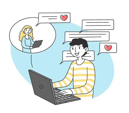 Man and woman dating online via laptop computer flat vector illustration. Happy partners sending email and chatting together. Social media and communication conceptのイラスト素材
