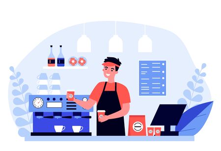 Happy young barista making coffee for customer flat vector illustration. Man standing behind counter and offering hot drink. Service, station and lunch concept.のイラスト素材