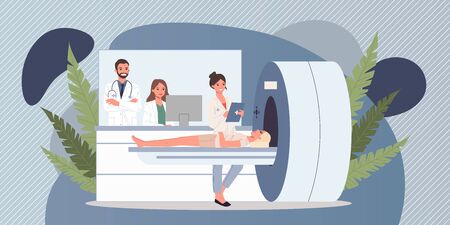 Magnetic resonance tomography. Female patient, scanner, mri flat vector illustration. Neurology, examination, disease concept for banner, website design or landing web pageのイラスト素材