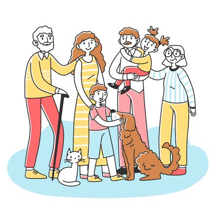 Happy big family with pets standing together flat vector illustration. Cartoon characters of mother, father, grandma, granddad, children, cat and dog. Relationship and love concept