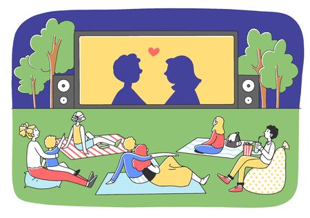 Friends watching movie in evening at outdoor cinemaのイラスト素材