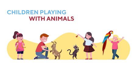Children playing with cat and dog setのイラスト素材