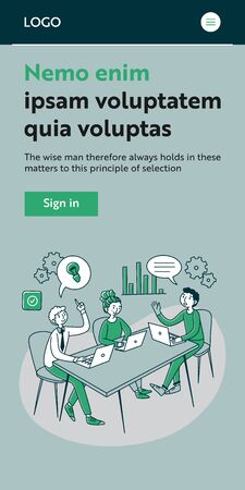 Professionals with laptops discussing project in meeting room. Office employees sharing ideas for project. Vector illustration for brainstorming, corporate discussion, startup conceptのイラスト素材