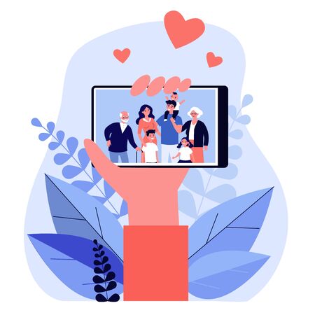 Hand holding phone with family photo on screenのイラスト素材