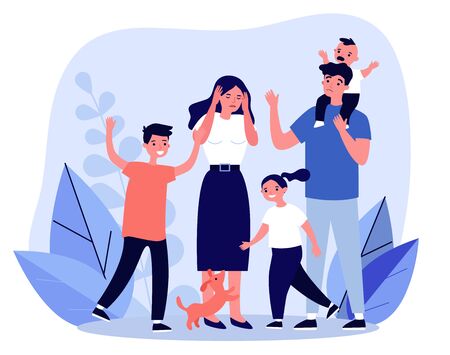 Tired young parents and mischievous happy childrenのイラスト素材