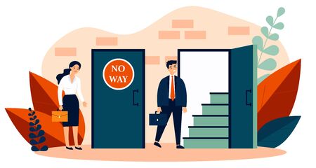 Woman standing near closed door and man going into open oneのイラスト素材
