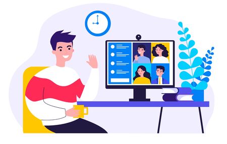 Worker using computer for collective virtual meeting and group video conference. Man at desktop chatting with friends online. Vector illustration for videoconference, remote work, technology conceptのイラスト素材