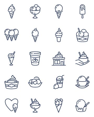 Ice cream line icons set. Frozen yogurt, milkshake, cones, bowls and buckets with spoon and scoops. Thin icons can be used for dessert, summer, refreshment, cafe conceptのイラスト素材
