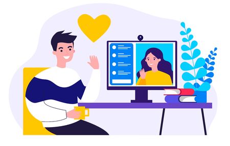 Happy people dating online flat vector illustrationのイラスト素材