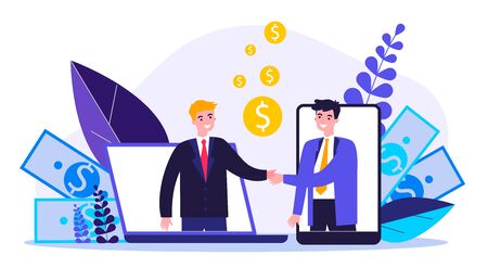 Partners shaking hands flat vector illustration. Businessman and sponsor beginning startup. Partnership, teamwork and relationship concept.のイラスト素材