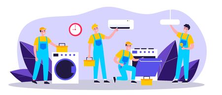 Happy servicemen repairing machines at home flat vector illustration. Electrician, mechanic or repairer at work. Repair and maintenance concept.のイラスト素材