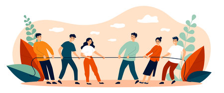 People playing game and pulling rope flat vector illustrationのイラスト素材