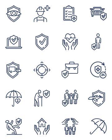 Insurance line icons set. Life, health, car, property, business insurance, protection service, shield with checkmark. Thin icons can be used for risk management, safety, agency, consulting conceptのイラスト素材