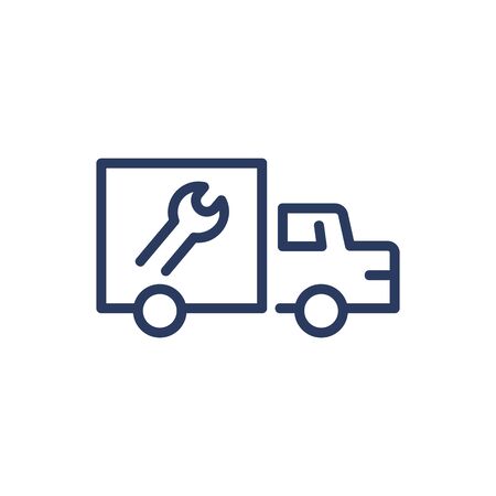 Service truck thin line icon. Wrench, vehicle, technician isolated outline sign. Repair and maintenance concept. Vector illustration symbol element for web design and appsのイラスト素材