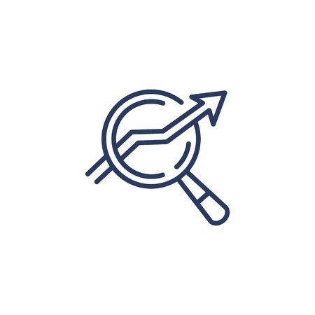 Chart simple thin line icon isolated on white background. Sales growth arrow in magnifying glass. Analysis and statistics concept. Icon designed for website, dashboard and social media.のイラスト素材