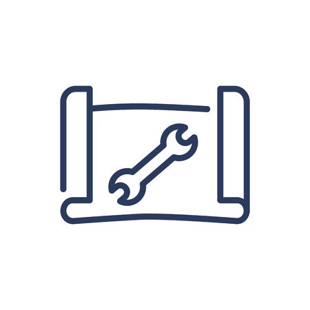 Repairing paper plan thin line icon. Wrench, document, service isolated outline sign. Repair and maintenance concept. Vector illustration symbol element for web design and appsのイラスト素材