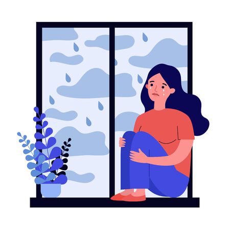 Sad unhappy girl crying at home. Depressed young woman sitting on window sill, embracing knees. Vector illustration for mental disorder, depression, illness conceptのイラスト素材