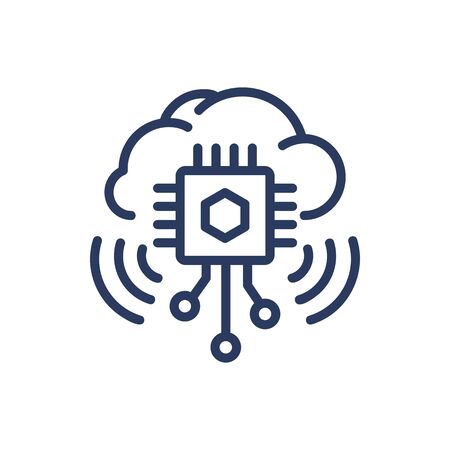 Cloud computing thin line icon. Microchip, circuit, wireless data transfer isolated outline sign. Computer technology concept. Vector illustration symbol element for web design and appsのイラスト素材