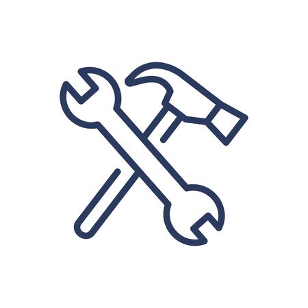 Wrench and hammer thin line icon. Spanner, metal, work isolated outline sign. Repair and maintenance concept. Vector illustration symbol element for web design and appsのイラスト素材