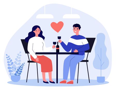 Happy young couple dating in restaurant on Valentines day. Man and woman sitting at table, drinking wine, celebrating anniversary. Vector illustration for relationship, love, romantic dinner conceptのイラスト素材