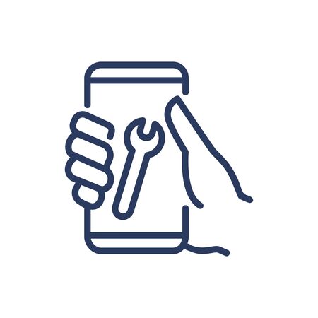 Mobile phone repair service thin line icon. Hand, smartphone, spanner isolated outline sign. Repair and maintenance concept. Vector illustration symbol element for web design and appsのイラスト素材