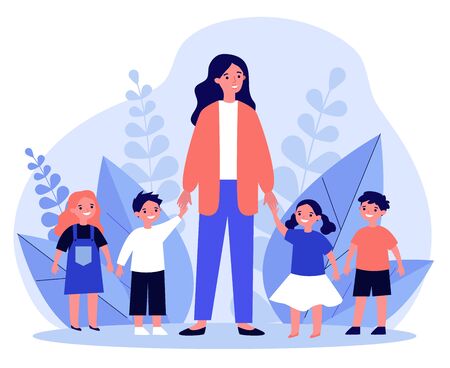 Kindergarten teacher walking with kids. Positive young woman leading happy kids by hands outdoors. Vector illustration for pedagogy, preschool, primary school, education conceptのイラスト素材