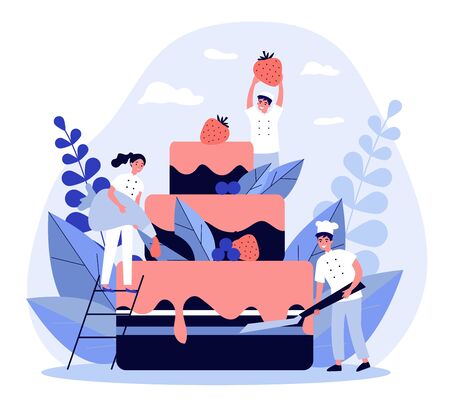 Pastry chefs cooking big birthday cake. Bakers decorating dessert with pink glaze and berries. Vector illustration for menu, bakery, confectionery conceptのイラスト素材
