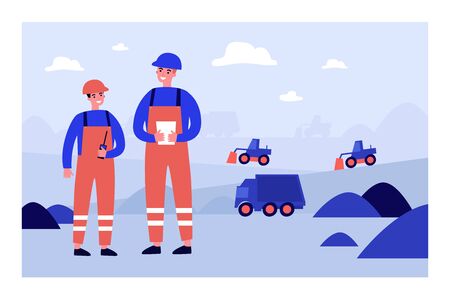 Coal mine engineers wearing protective uniforms, standing on construction site with heavy machines on background. Vector illustration for factory, industry, labor, blue collar conceptのイラスト素材