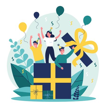 Happy friends making surprise for birthday party flat vector illustration. People jumping out of gift box. Smiling characters waving by hands. Celebration, joy and fun concept.のイラスト素材