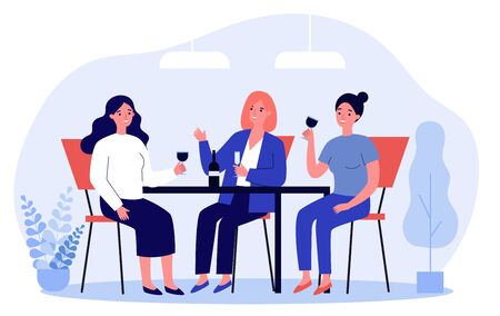 Happy female friends hanging out in cafe. Cheerful women sitting at table, talking, laughing, drinking wine. Vector illustration for communication, friendship, friendly meeting conceptのイラスト素材