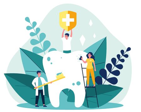 Tiny people cleaning big tooth flat vector illustration. Man holding banner with medical symbol. Doctor and dentist brushing teeth with toothbrush. Stomatology and healthcare concept.のイラスト素材