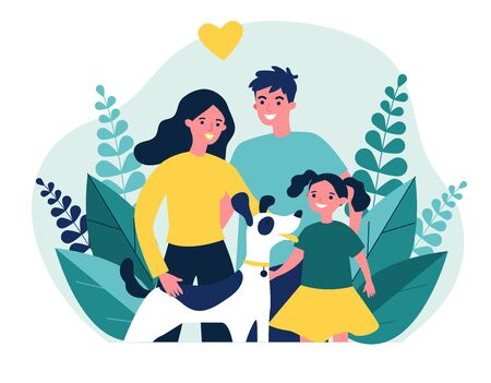 Parents presenting pet to their child flat vector abstract illustration. Happy family adopting dog. Little girl greeting new friend. Charity and animal adoption concept.のイラスト素材