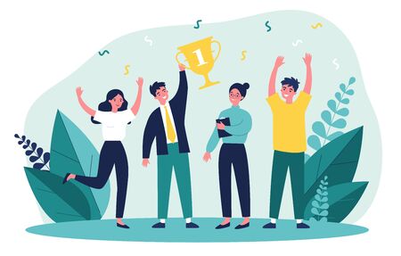 Happy business team winning prize. Winners celebrating achievement and holding trophy cup. Vector illustration for teamwork, award, corporate success conceptのイラスト素材