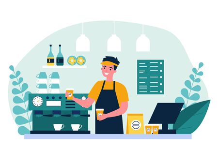 Happy young barista making coffee for customer flat vector illustration. Man standing behind counter and offering hot drink. Service, station and lunch concept.のイラスト素材