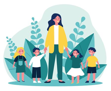 Kindergarten teacher walking with kids. Positive young woman leading happy kids by hands outdoors. Vector illustration for pedagogy, preschool, primary school, education conceptのイラスト素材