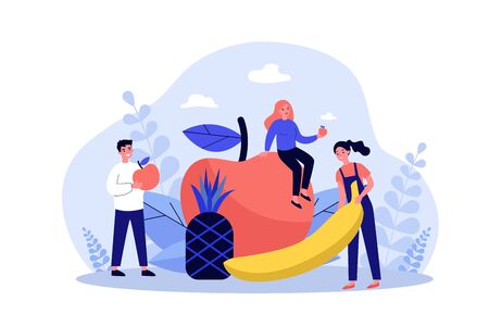 Happy people keeping healthy diet. Men and women holding fruits, apple, pineapple, banana. Vector illustration for fitness, dietitian nutrition, organic food conceptのイラスト素材