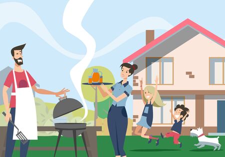 Family enjoying barbecue in backyardのイラスト素材