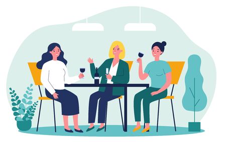 Happy female friends hanging out in cafe. Cheerful women sitting at table, talking, laughing, drinking wine. Vector illustration for communication, friendship, friendly meeting conceptのイラスト素材