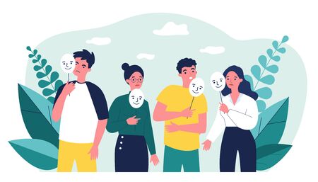 Depressed guy and girls holding positive masks on sticksのイラスト素材
