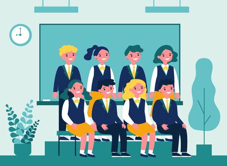 Happy students posing for photo in classroom. Cheerful teen girls and guys in school uniforms sitting and standing at blackboard. Vector illustration for photography, classmates, education conceptのイラスト素材